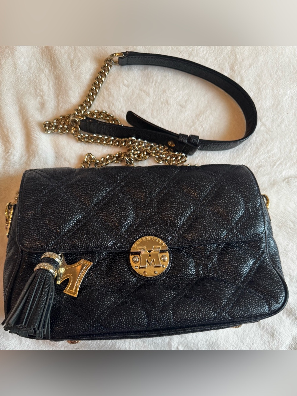 Metrocity Black Quilted Leather Crossbody Bag Gold Chain Tassel